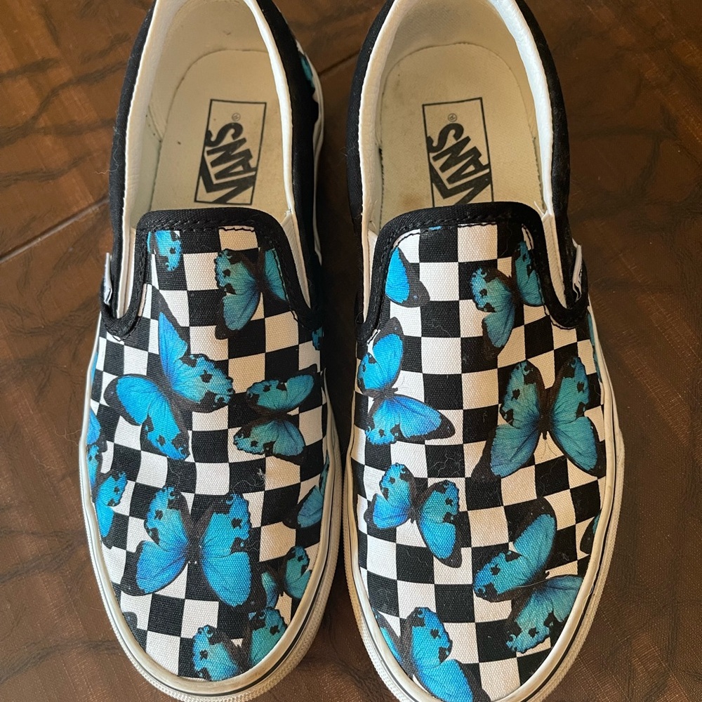 Vans Adult Black and White Checkered Sneakers with Blue Butterflies